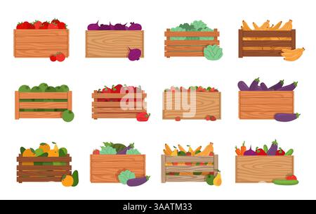Holzkisten mit Gemüse und Obst. Bio-Marktpaket, Ernte in Containern, Landwirtschaft Kisten, Lagerung, Export von frischen natürlichen Lebensmitteln, Cartoon Stock Vektor