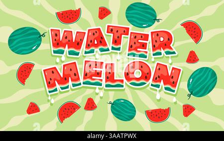 Poster mit Wassermelonen im Sommer. Saftige süße Fruchtbuchstaben, Fruchtfleisch, Melonensamen und -Schale, tropisches frisches Design, warme Saison Banner Vorlage, Aufkleber Buchstaben Stock Vektor