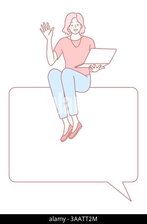 Eine fröhliche Frau, die mit einem Laptop sitzt und Hallo winkt, ideal für Themen moderner digitaler Kommunikation Stock Vektor