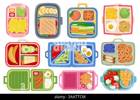 Mittagsboxen von oben. Kinderschulbehälter mit Essen, Sandwich zum Mittag- und Frühstück, Snack zwischen den Unterrichtsstunden, Gemüse, Obst, Zeichentrickfilm Stock Vektor