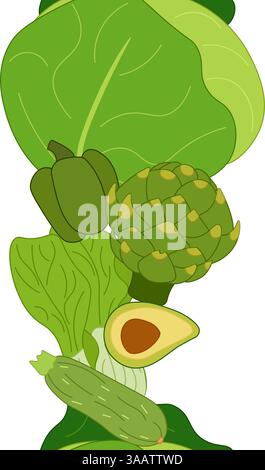 Grüner, nahtloser vertikaler Rand. Vektor-flacher frischer Bio-Veggie-Druck für Küche, Menü, Lebensmittelpaket Design mit Kohl, Zucchini, Sellerie Stock Vektor