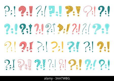 Bunte Kritzelpunktionszeichen. Frage, Ausrufezeichen, Punkte und Kommas, handgezeichnete isolierte dekorative Elemente, skizzieren helles Design Stock Vektor