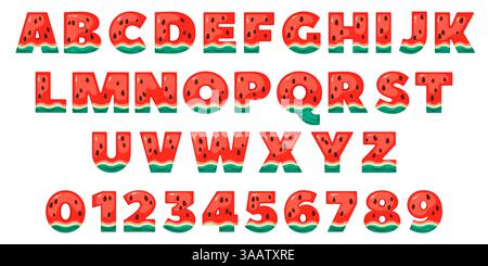 Lustiges Sommer-Wassermelonen-Alphabet. Trendige saftige Fontäne, frisches süßes Obst, englische Buchstaben und Zahlen, leckeres abc-Design für Kinder, trendiges Marmeladenessen Stock Vektor
