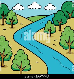 Vektor-Illustration eines malerischen Flusses, der durch grüne Hügel und Bäume fließt und Natur, Umwelt und Schönheit im Freien darstellt. Stock Vektor