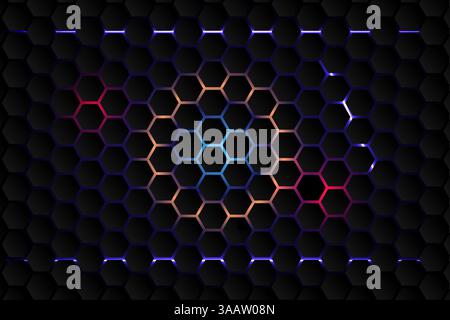 Abstrakte Hintergrundtechnologie hexagonale mehrfarbige Neonform. Vektorabbildung Stock Vektor