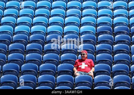 Ein einziger Schweizer Fan sitzt auf der Tribüne und sieht sich das Finale der Australian Open 2025 Junior Boys Singles in Melbourne Park, Melbourne, Victoria, Australien an Stockfoto