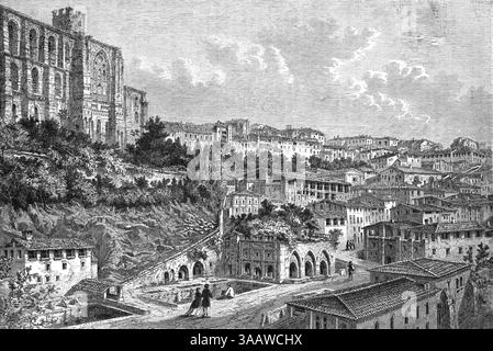 Blick über Fontebranda (um 13.) mittelalterliche Straße Brunnen und Panorama, Panoramablick, Townscape oder Cityscape von Siena Toskana Italien. Vintage oder historische Gravur oder Illustration 1866 Stockfoto