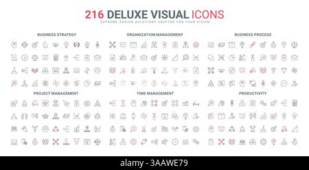 Produktive Unternehmensführung und Organisation, Schwerpunkt auf Prioritäten und Zeit, Symbolsatz für die Startup-Linie des Projekts. Effizienz der Strategie, dünne schwarze und rote Umrisssymbole Vektorillustration Stock Vektor