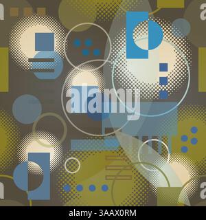 Retro-Hintergrundmuster mit Kreisen und Quadraten in den Farben Blau Grau und Grün der 50er Jahre Stock Vektor