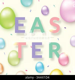 Osterkarte mit 3D verzierten Eiern auf hellem Hintergrund. Pastellvektor osterbanner oder Grußkarte Stock Vektor