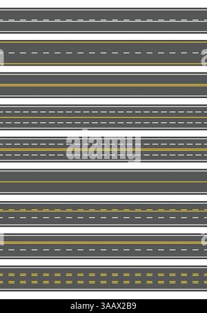 Nahtloses Set aus neun verschiedenen Straßenmarkierungen. Draufsicht auf horizontale, gerade Asphaltstraßen. Schablonen mit unterschiedlicher weißer und gelber Markierung, Asphalt Stock Vektor