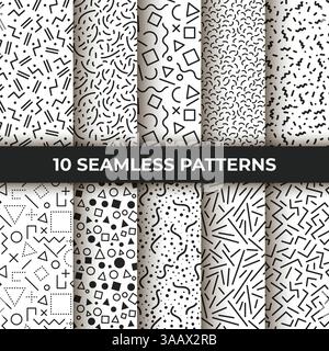 Satz von zehn nahtlosen Vektormustern. Geometrische Linienformen von memphis im Retro-Stil. Retro-Mode im 80er-Stil Abstrakte Schwarzweiß-Texturen. Mosaic cu Stock Vektor