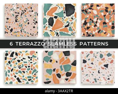 Sechs nahtlose Terrazzo-Muster. Handgefertigte und einzigartige Muster Vektor wiederholt Hintergrund. Strukturierte Granitformen in leuchtenden Farben Stock Vektor