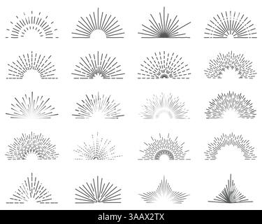 Sonnenstrahlen für Logos im Vintage-Stil. 20 vollständig einzigartige Abbildungen von Sonnenstrahlen. Vintage-Rahmen, Formen und Designelemente Stock Vektor