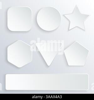 Satz von 3D-Papiertasten in verschiedenen Formen. Weiße Vektorschaltflächen auf grauem Hintergrund. Rund, quadratisch, Stern, Sechskant, Rechteck, Dreieck, pentagon-Banner Stock Vektor