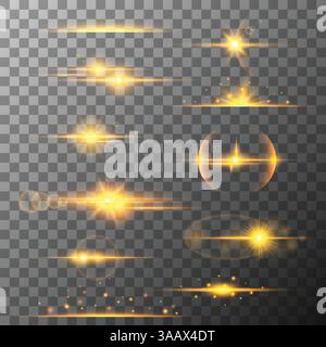 Sammlung verschiedener horizontaler gelber Lichteffekte. Lichter, Strahlen, Sterne und Funkeln mit Bokeh-Kollektion. Vektor-transparentes Licht e Stock Vektor