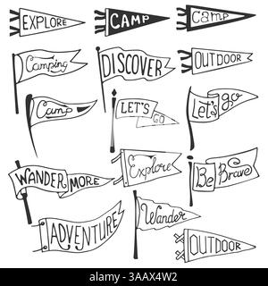 Abenteuer im Freien, Camping-Wimpel. Retro-Monochrom-Etiketten. Handgezeichneter Fernweh-Stil. Design mit Wimpel-Reiseflaggen. Vektorabbildung. Stock Vektor