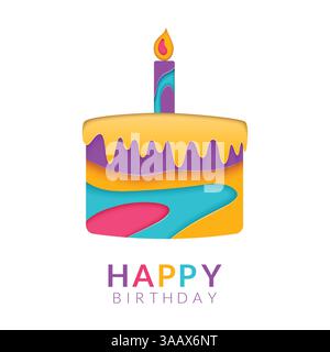 Happy Birthday Grußkarte Vorlage mit papercut mehrfarbigen Kuchen. Vektor-Glückwunschtext zum Geburtstag. Papierkunst in Form eines Kuchens. Begrüßung c Stock Vektor