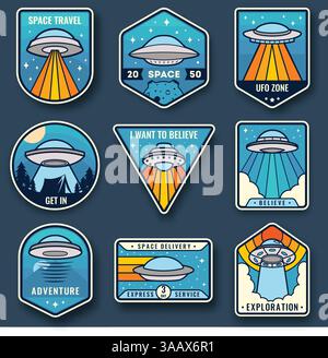 Alien Raumschiff, Raumschiffe und UFO-Embleme Set. Kosmisches Schiff in Form einer Untertasse für den Transport. Vektorsatz für Farb-UFO-Abzeichen Stock Vektor