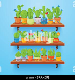 Kakteen und Sukkulenten in Blumentöpfen auf Regalen. Heimische Kaktuspflanzen mit Stacheln und Blüten. Exotische tropische Vektorsammlung verschiedener Sukkulen Stock Vektor
