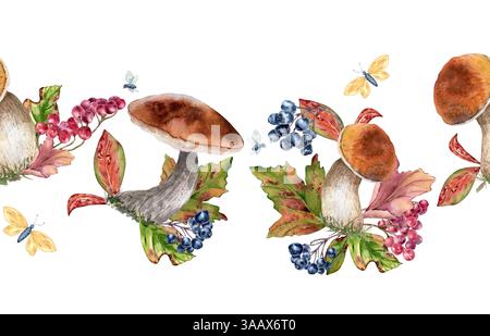 Pilze und Blätter, Schmetterling in Aquarell isoliert. Herbst Pflanzen nahtlose Grenze. Rowan Red, Boletus und Stachelschwein, schwarze Archaeberry bemalt. Sturz Stockfoto