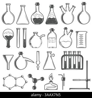 Set von Laborforschungselementen mit Kolben, Röhrchen und Molekularstruktur. Symbole für chemische Reagenzgläser Illustrationsvektor Stock Vektor