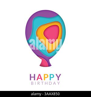 Happy Birthday Grußkarte Vorlage mit papercut mehrfarbigen Ballon. Vektor-Glückwunschtext zum Geburtstag. Papierkunst in Form eines Ballons. Gree Stock Vektor