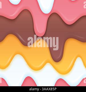 Mehrfarbige Eiscreme tropft. Farbenfrohes Speisenkonzept mit flüssigen Schichten. Farbenfroher, nahtloser Vektorhintergrund Stock Vektor