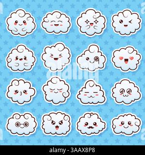 Eine Sammlung süßer, schöner Kawaii-Wolken. Kritzeln Sie Karikaturwolken mit Gesichtern im Manga-Stil. Niedliche Emoticon Emoji handgezeichnete Charaktere. Emotion Smile VEC Stock Vektor