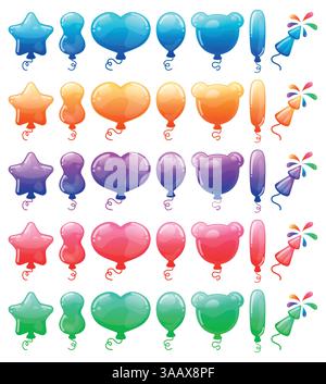 Set mit farbigen Comic-Ballons und Feuerwerk. Regenbogenbonbons und glänzende lustige Zeichentricksymbole. Vektorsammlung verschiedener Feiertagssymbole Stock Vektor