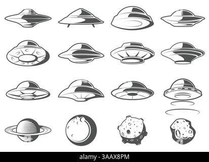 Alien-Raumschiff, Raumschiffe und UFO-Set. Kosmisches Schiff in Form einer Untertasse für den Transport. Monochrom UFO Elements Vektorsatz Stock Vektor