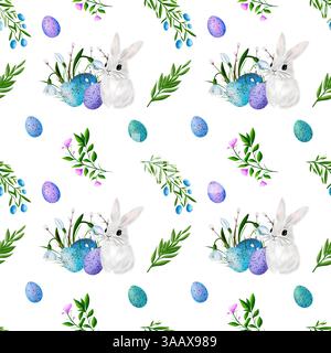 Wunderschöne bunte Eier, weißes Kaninchen, Schneeglöckchen, grüne Zweige mit Blumen... Nahtloses Muster Stockfoto
