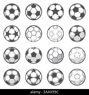 Set mit 16 einfarbigen Fußballbälle. Fußball oder Fußball, in Vektor angegeben. Das Symbol der Kollektion für Fußball Stock Vektor