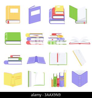 Offene und geschlossene Bücher mit leeren Seiten. Sammlung von Vektorbüchern und Lesedokumenten. Lehrbücher in bunten Covern mit Lesezeichen. Enzyklopädie an Stock Vektor