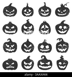 Hand gezeichnete Halloween-Vektor-Kürbisse. Schwarze Grunge-Silhouette mit Kürbis zur Halloween-Weihnachtsillustration. „Jack-o-Laterne“-Silhouettenset. Kürbisse mit Stock Vektor