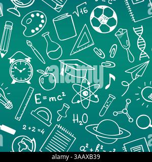 Eine Skizze für die Schulbildung, die ein nahtloses Vektormuster zeichnet. Bildungsmuster. Handgezeichnete Bildungselemente - Hintergrund. Wissenschaft, Geografie und Biologie, Stock Vektor