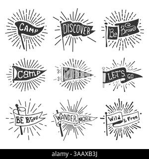 Abenteuer im Freien, Camping-Wimpel. Monochrome Retro-Etiketten mit Lichtstrahlen. Handgezeichneter Fernweh-Stil. Design mit Wimpel-Reiseflaggen. Vecto Stock Vektor