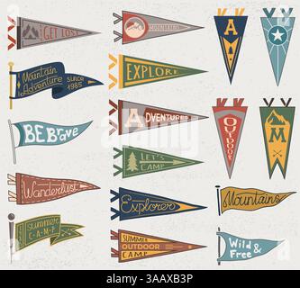 Abenteuer im Freien, Camping farbenfrohe Wimpel. Retro-Etiketten auf strukturiertem Hintergrund. Handgezeichneter Fernweh-Stil. Design mit Wimpel-Reiseflaggen. Stock Vektor