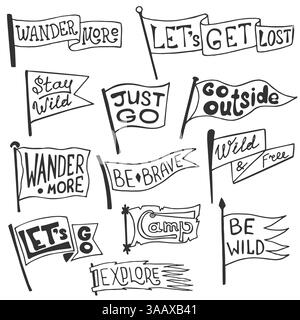 Abenteuer im Freien, Camping-Wimpel. Retro-Monochrom-Etiketten. Handgezeichneter Fernweh-Stil. Design mit Wimpel-Reiseflaggen. Vektorabbildung. Stock Vektor