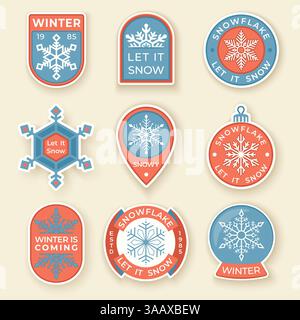 Winterliche Labels und Abzeichen. Set mit Objekten und Symbolen zu Weihnachten und Feiertagen. Kollektion von Schneeflocken-Vektorabzeichen und Logo-Aufnähern Stock Vektor