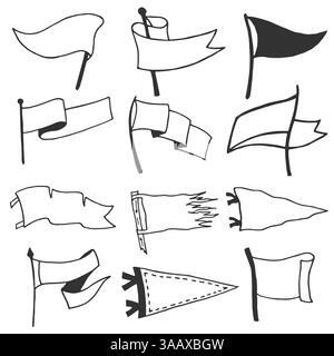 Satz mit 12 Wimpeln. Retro-Monochrom-Etiketten. Handgezeichneter Fernweh-Stil. Design mit Wimpel-Reiseflaggen. Vektorabbildung. Stock Vektor