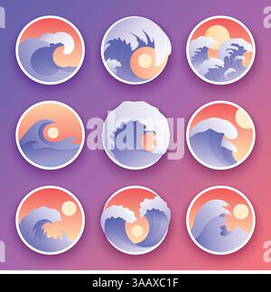 Ozeanwellen-Vektorsammlung. Meeressturm farbige Wellen. Wellen, Wasserelemente. Abzeichen für Naturwellen-Wassersturm Stock Vektor