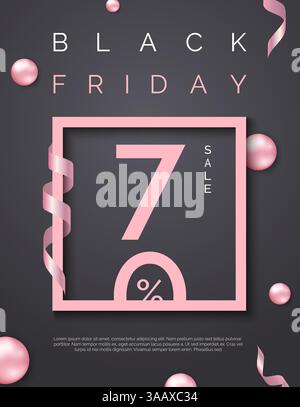 Schwarzes freitagsposter mit rosafarbenem quadratischem Rahmen auf schwarzem Hintergrund. Banner mit glänzenden Vektorkugeln und Bändern Stock Vektor
