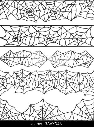 Handgezeichnetes Spinnennetz Halloween-Symbol. Spinnennetz Deko Elements Kollektion. Halloween Spinnweben Vektor nahtlose Grenzen für gruseliges Design Stock Vektor
