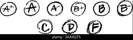Schulnoten (A bis F), gezeichnet mit schwarzem Buntstift, Kreide oder Pastell auf der Tafel. Handgezeichnete rote Markierungen in groben Kreisen, die an die des Lehrers erinnern Stock Vektor