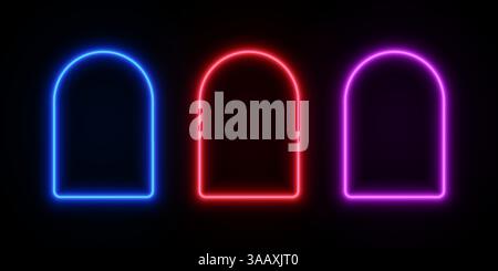 Neonbogenleuchte. LED-Rahmentür auf dunklem Hintergrund. Portalrand in Blau, Rot und Violett. Vektorsatz mit leeren fluoreszierenden Vorlagen für Spiele. Stock Vektor