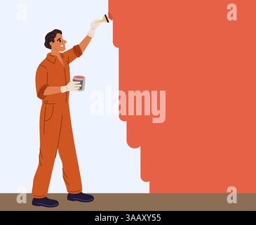 Uniformierter Maler malt die Wand. Professioneller Dekorateur mit Pinsel. Renovierung der Anlage. Bauherren-Brigade arbeiten. Männer in Overalls schmücken das Haus Stock Vektor