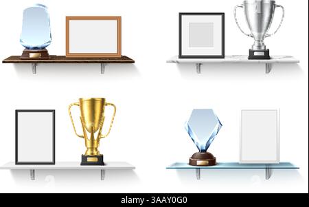 Trophäenbecher und klare Diplome im Stehen auf dem Regal. Goldene Auszeichnung. Silberner Becher. 3D-Siegerprämien für Regale. Rahmen für Siegerzertifikate Stock Vektor