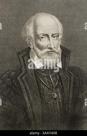 Gaspard de Coligny (1519-1572). Französischer Adliger und Admiral von Frankreich. Hugenottenführer während der Französischen Religionskriege. Hochformat. Gravur. Historia de las persecuciones Políticas y religiosas en Europa (Geschichte der politischen und religiösen Verfolgungen in Europa). Band II. Veröffentlicht in Barcelona, 1864. Stockfoto