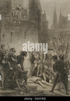 Gaspard de Coligny (1519-1572). Französischer Adliger und Admiral von Frankreich. Hugenottenführer während der Französischen Religionskriege. Er wurde am 24. August 1572 während des Massakers am Bartholomäus-Tag ermordet. Der Tod von Coligny. Gravur. Historia de las persecuciones Políticas y religiosas en Europa (Geschichte der politischen und religiösen Verfolgungen in Europa). Band II. Veröffentlicht in Barcelona, 1864. Stockfoto